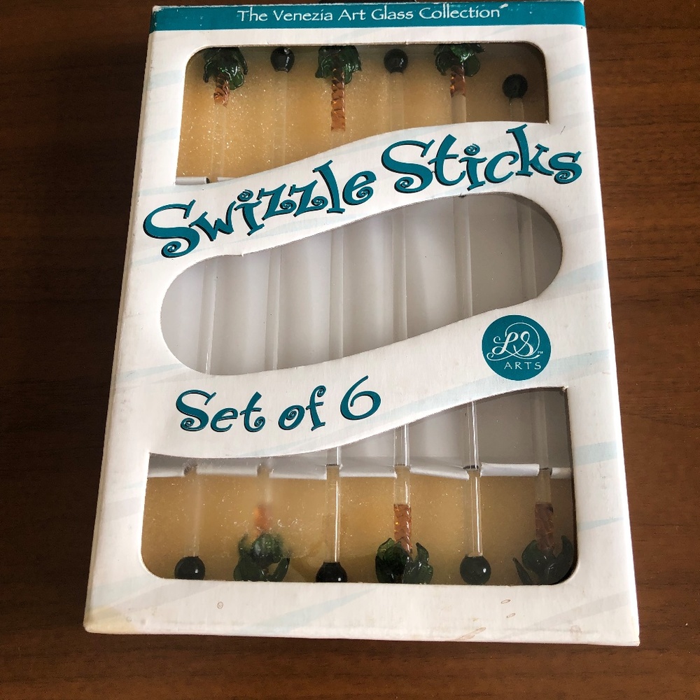 NWB Vintage Palm Tree Swizzle Sticks The Venezia Art Class Collection Set Of 6